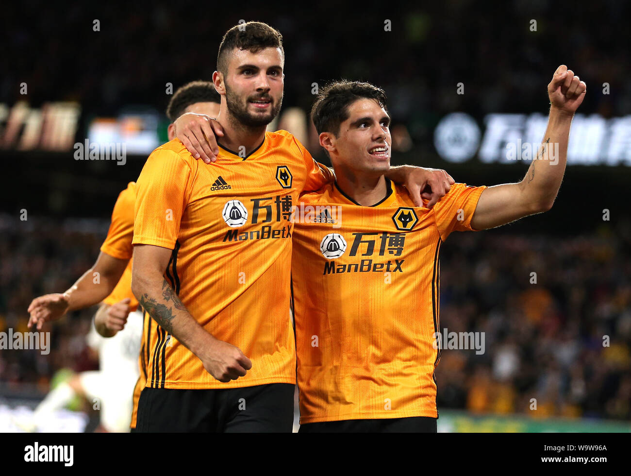 Wolverhampton Wanderers' Lomba Pedro Neto (right) celebrates scoring his side's first goal of the game during the UEFA Europa League Third Qualifying Round Second Leg match at Molineux Stadium, Wolverhampton. Stock Photo