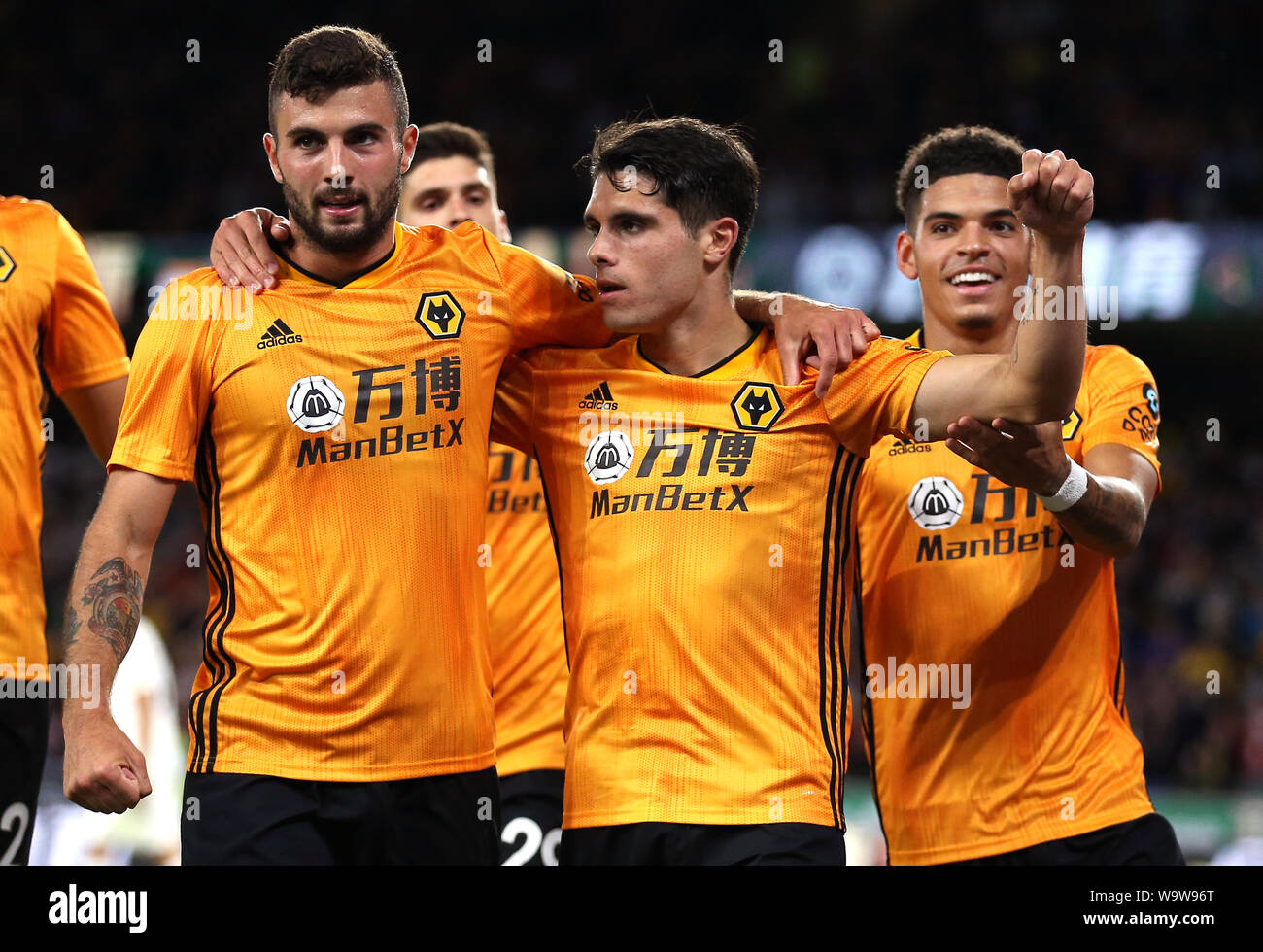 Wolverhampton Wanderers' Lomba Pedro Neto celebrates scoring his side's first goal of the game with teammates during the UEFA Europa League Third Qualifying Round Second Leg match at Molineux Stadium, Wolverhampton. Stock Photo