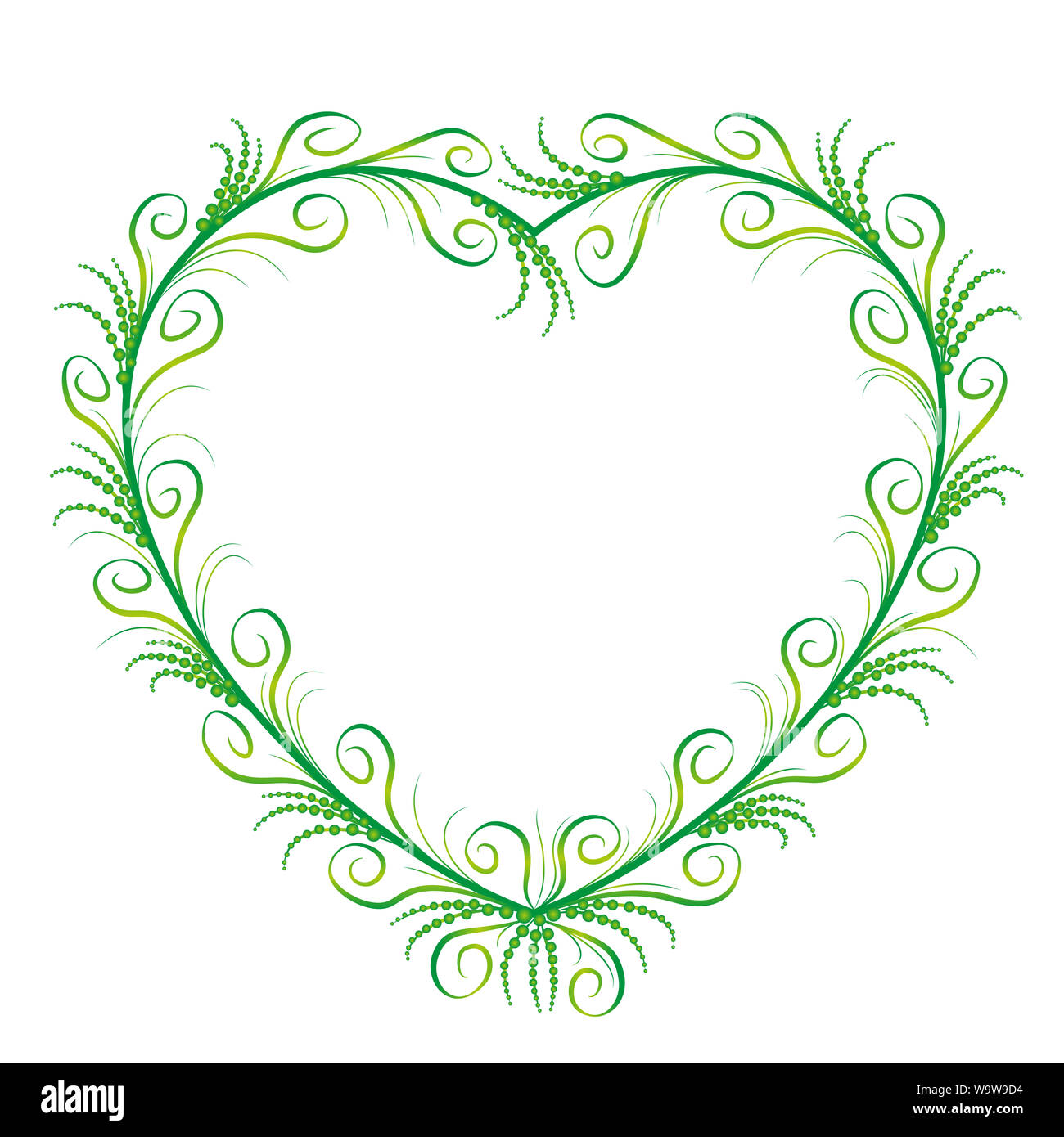 Romantic, elegant green heart ornament with delicate, filigree, graceful and sylphlike flourishes - illustration on white background. Stock Photo