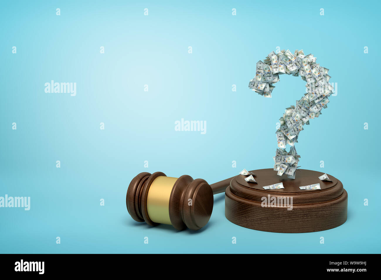 3d rendering of question mark formed with dollar banknotes standing on sounding block with gavel beside on blue background with copy space. Stock Photo