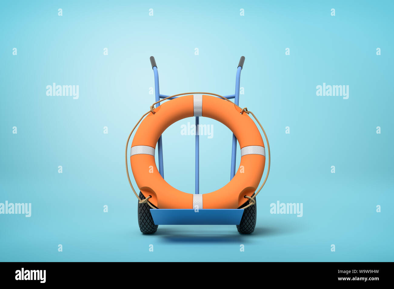 3d rendering of an orange boat lifebuoy on a hand truck on blue background Stock Photo