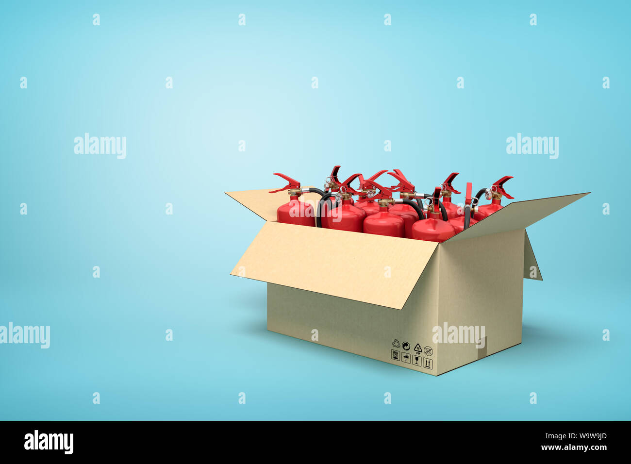 3d rendering of cardboard box full of red fire extinguishers on blue background. Stock Photo