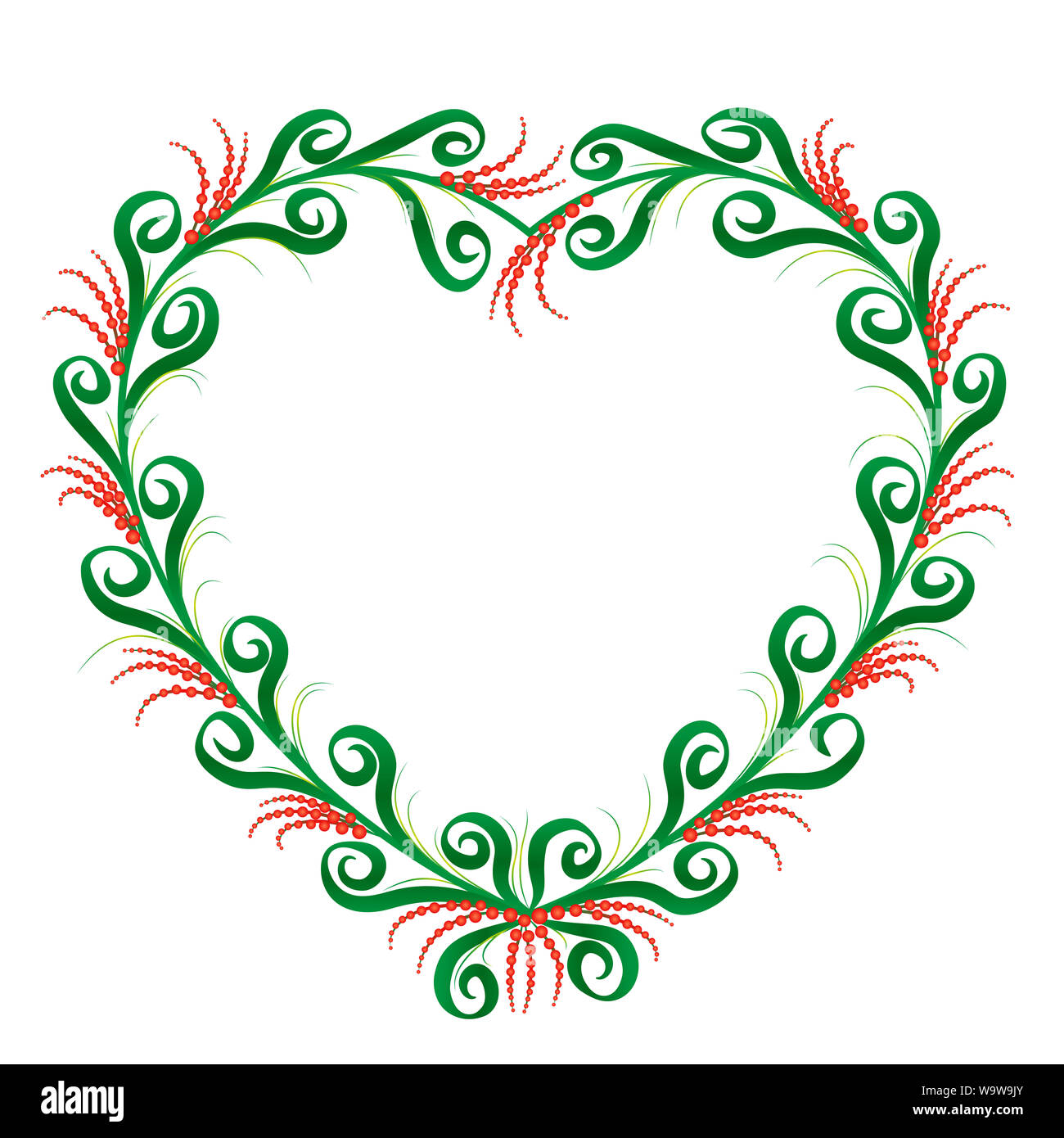 Heart shaped frame, rustic country style. Green and red ornament pattern with graceful and romantic spiral flourishes. Stock Photo