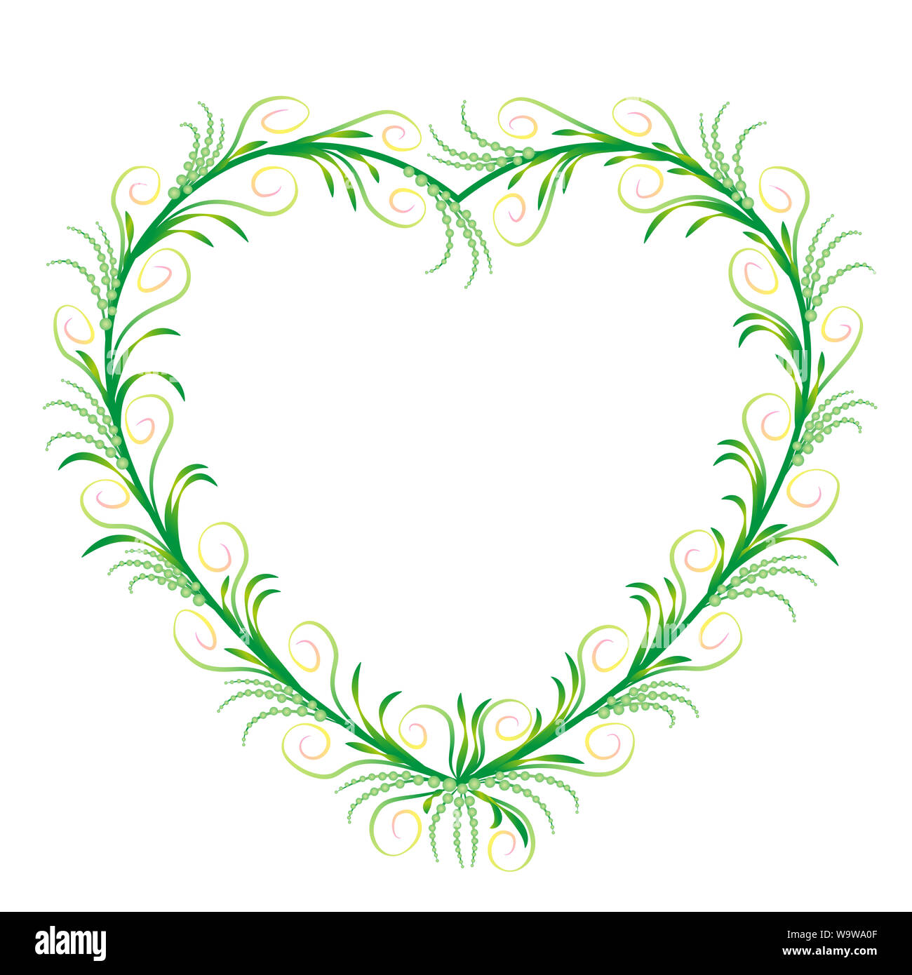 Delicate, filigree heart frame. Romantic, elegant, feminine, floral green heart ornament with graceful and sylphlike spiral flourishes. Stock Photo