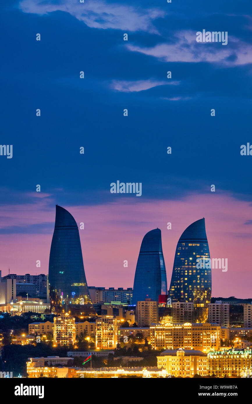 Flame towers at sunset, Baku, Azerbaijan Stock Photo