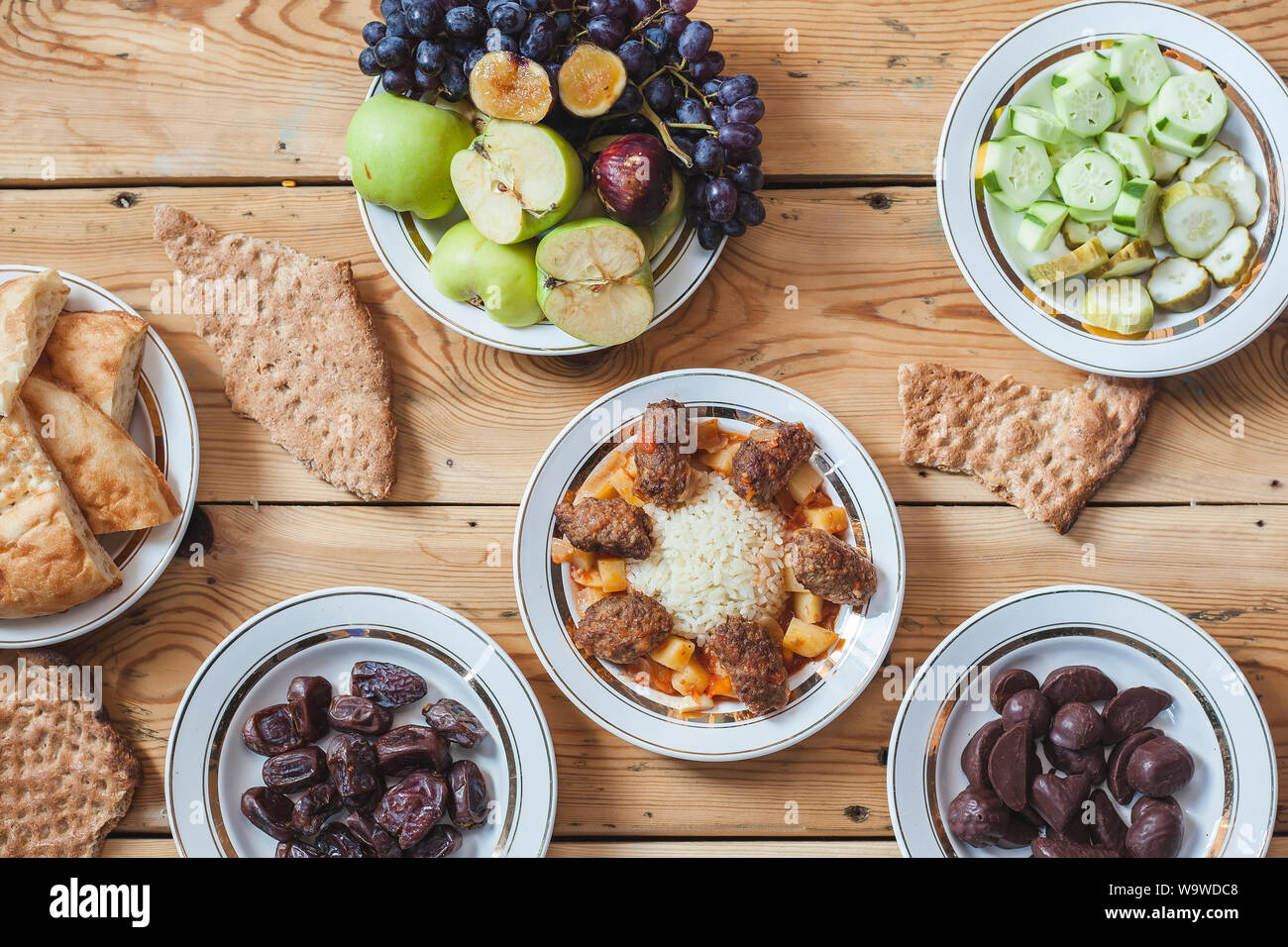 A table full of different foods. Yummy dinner table with fresh