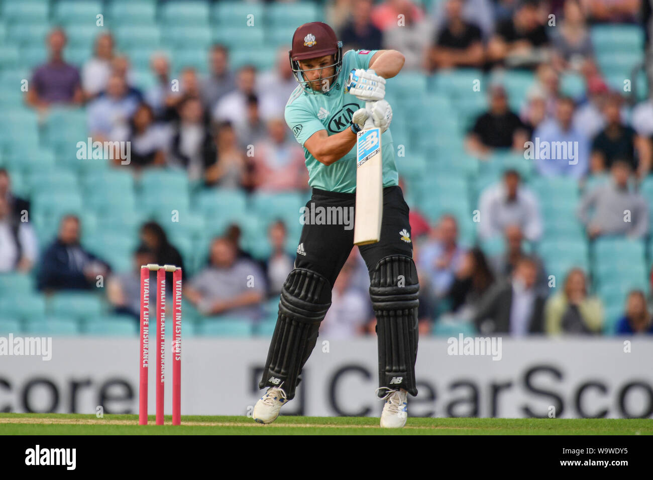 LONDON, UNITED KINGDOM. 15th Aug, 2019. Aaron. Finch of Surrey Cricket Club during T20 Vitality Blast Fixture between Surrey vs Sussex at The Kia Oval Cricket Ground on Thursday, August 15, 2019 in LONDON ENGLAND. Credit: Taka G Wu/Alamy Live News Stock Photo
