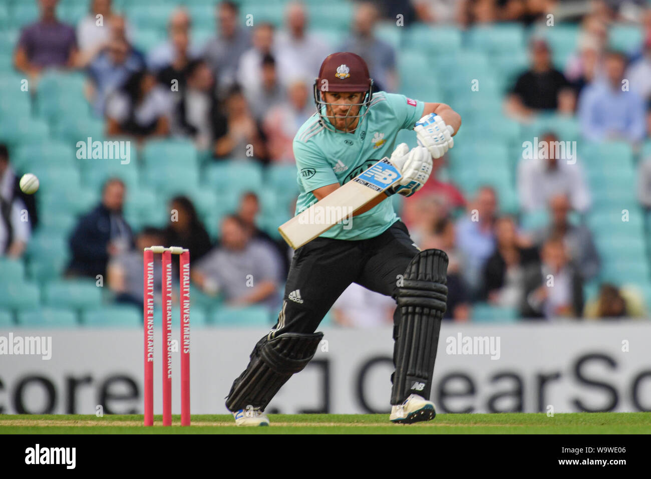 LONDON, UNITED KINGDOM. 15th Aug, 2019. Aaron. Finch of Surrey Cricket Club during T20 Vitality Blast Fixture between Surrey vs Sussex at The Kia Oval Cricket Ground on Thursday, August 15, 2019 in LONDON ENGLAND. Credit: Taka G Wu/Alamy Live News Stock Photo
