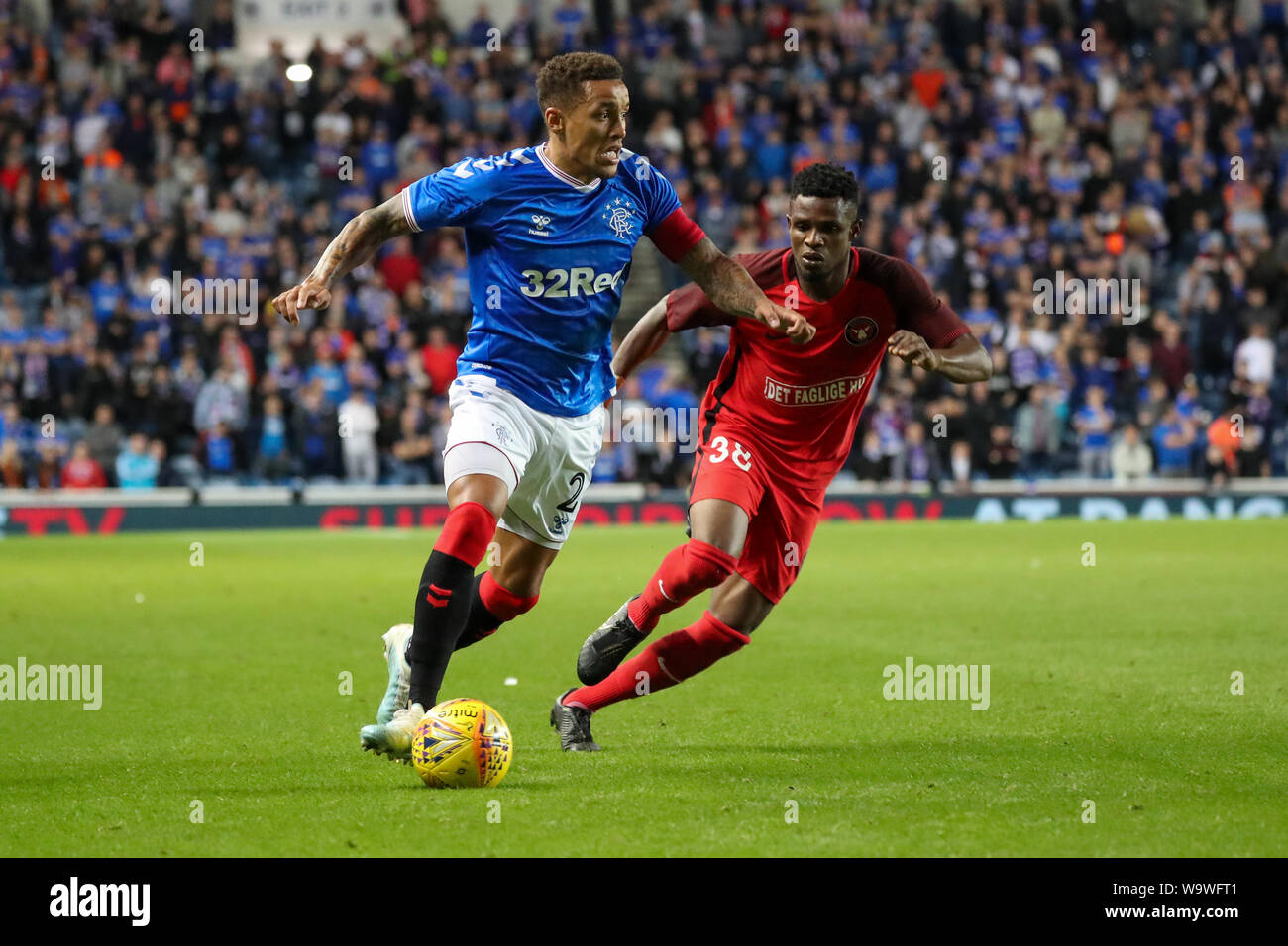 Glasgow, UK. 15th Aug, 2019. The third qualifying round of the UEFA EUROPA LEAGUE 2019/20 between Glasgow Rangers and FC Midtjylland was played at Ibrox stadium, Glasgow the home ground of Rangers who go into this round with a 4 -2 lead. Rangers won 3 -1 to go through to the next round. Credit: Findlay/Alamy Live News Stock Photo