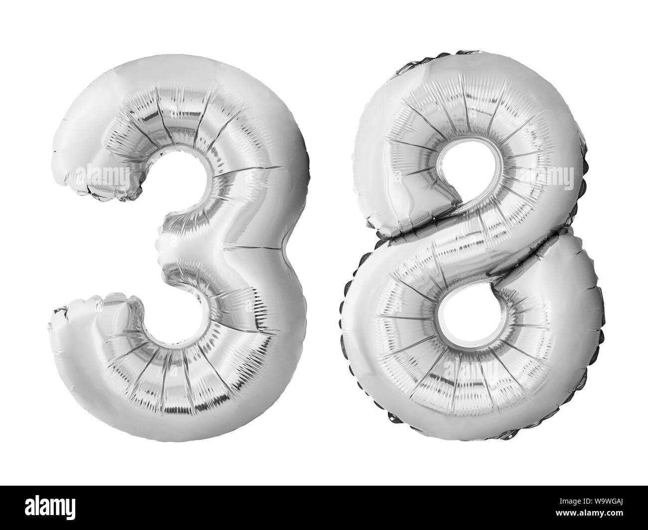 Number 38 thirty eight made of silver inflatable balloons isolated on white background. Pink helium balloons forming 38 thirty eight Stock Photo