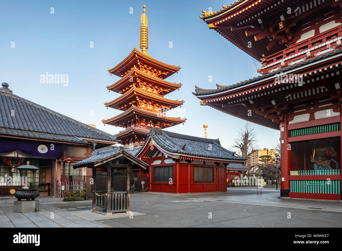 Senso-ji temple in the city of Tokyo, Japan. An ancient Buddhist temple in the Asakusa district of Tokyo, Senso-ji is the most widely visited spiritua Stock Photo