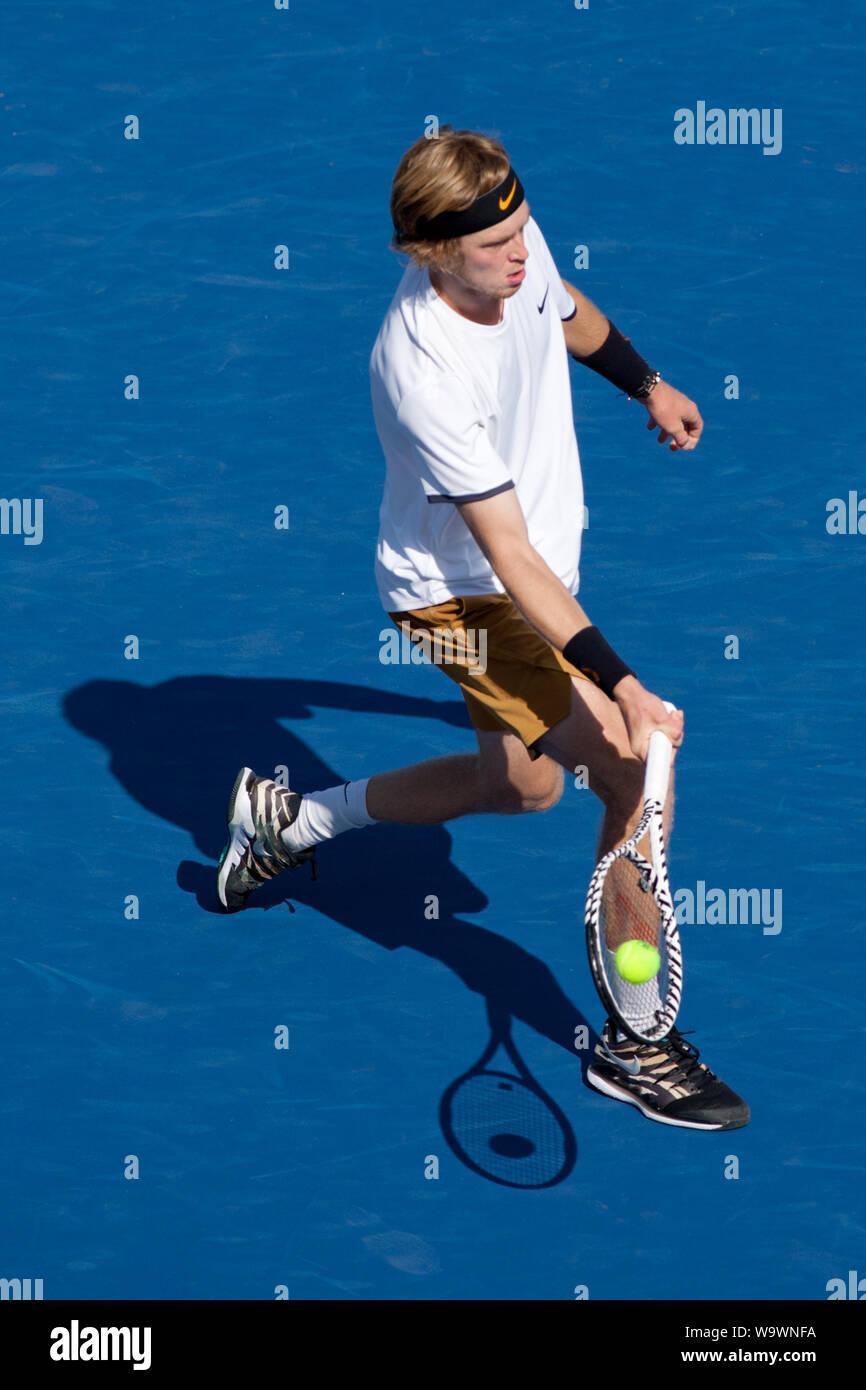 Cincinnati, OH, USA. 15th Aug, 2019. Western and Southern Open Tennis, Cincinnati, OH; August 10-19, 2019. Andrey Rublev plays a ball against opponent Roger Federerduring the Western and Southern Open Tennis tournament played in Cincinnati, OH. Rublev won 6-3 6-4. August 15, 2019. Photo by Wally Nell/ZUMAPress Credit: Wally Nell/ZUMA Wire/Alamy Live News Stock Photo