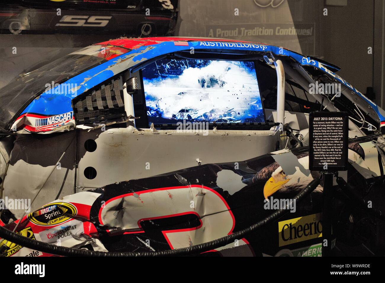 Austin Dillon's crashed car and video display at Bass Pro Shops