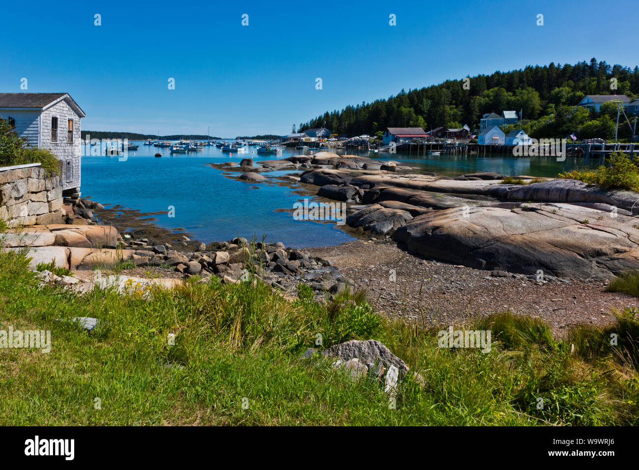 Fishing boats at anchor in STONINGTON a major lobster fishing port and