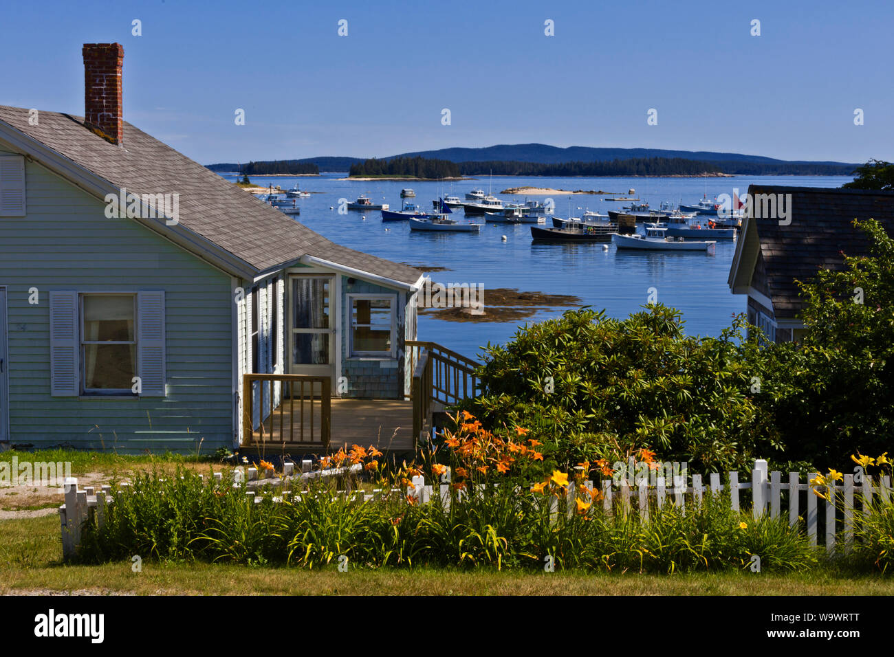 Fishing boats at anchor in STONINGTON a major lobster fishing port and