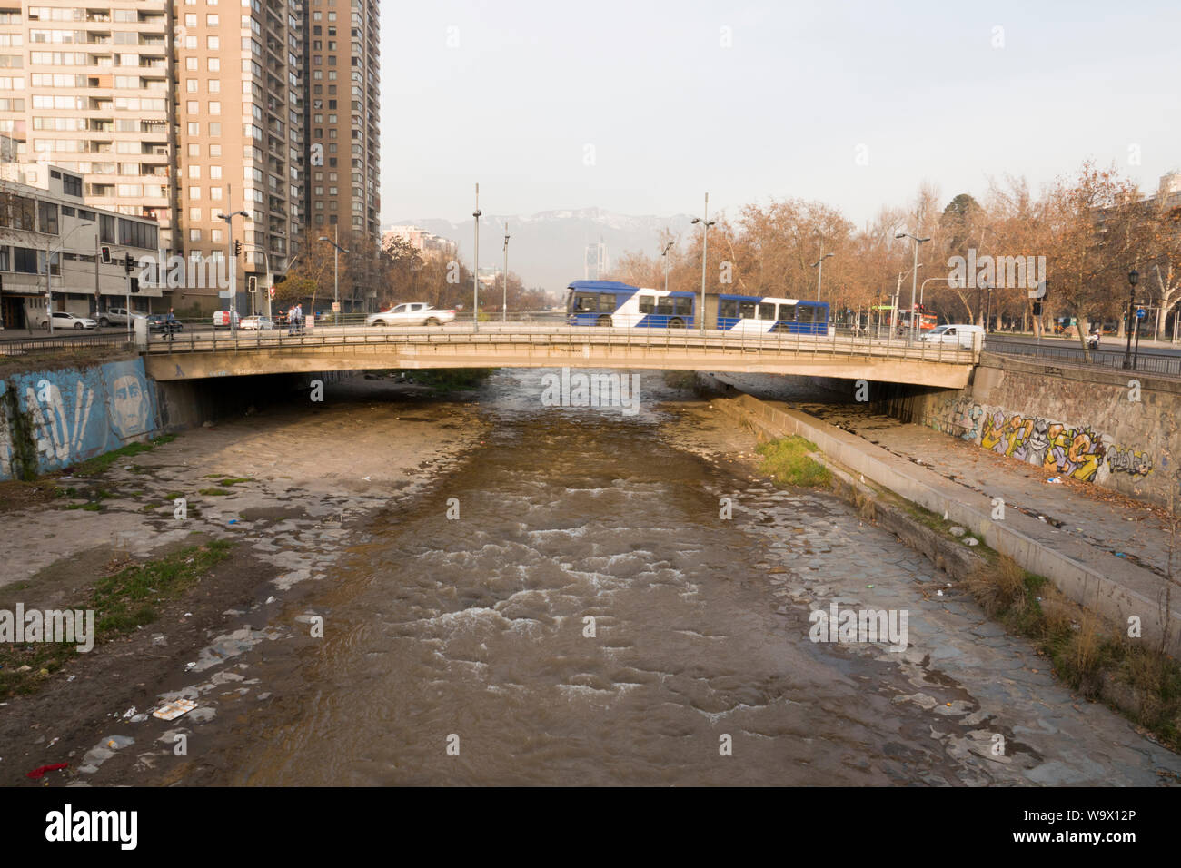 Low water levels on the Mapocho River running through Santiago, Chile Stock Photo