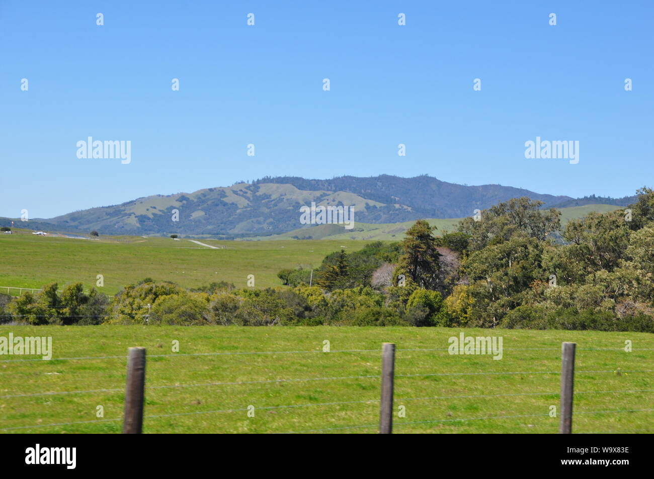 A beautiful view of the ocean and land surrounding Hearst Castle, San Simeon, California. Stock Photo