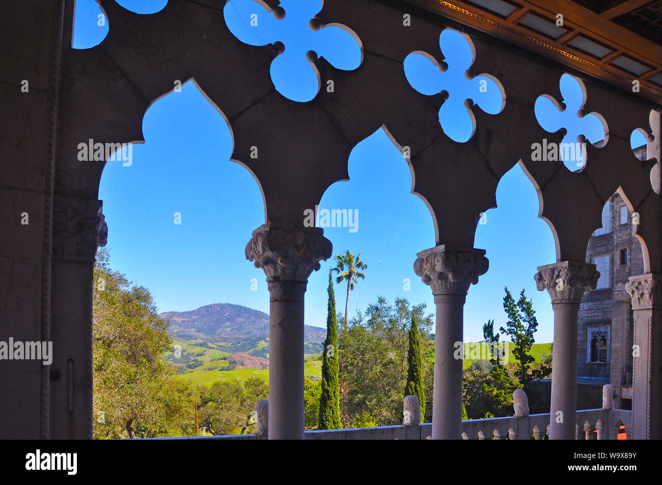 A beautiful view from a stunning Gothic window located in Hearst Castle, San Simeon, California. Stock Photo