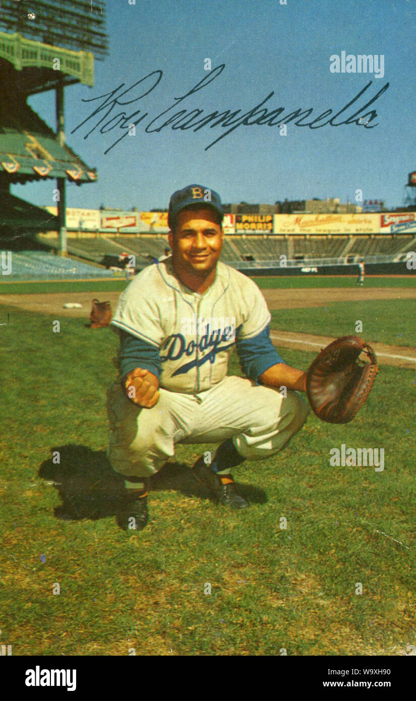 Roy Campanella in Vintage Brooklyn Dodgers souvenir postcard photo at Ebbets Field in Brooklyn, NY Stock Photo