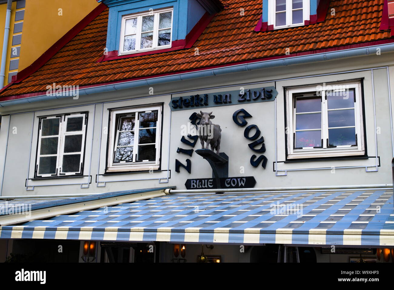 Blue Cow Restaurant in the old town in Riga, Latvia Stock Photo