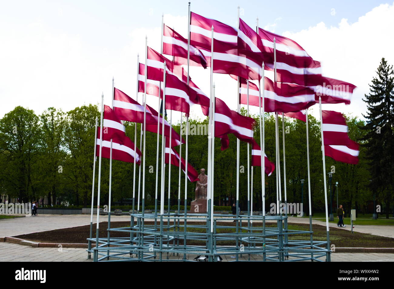 Flags flying proudly in honor of Latvia Independence Day in Riga, Latvia Stock Photo