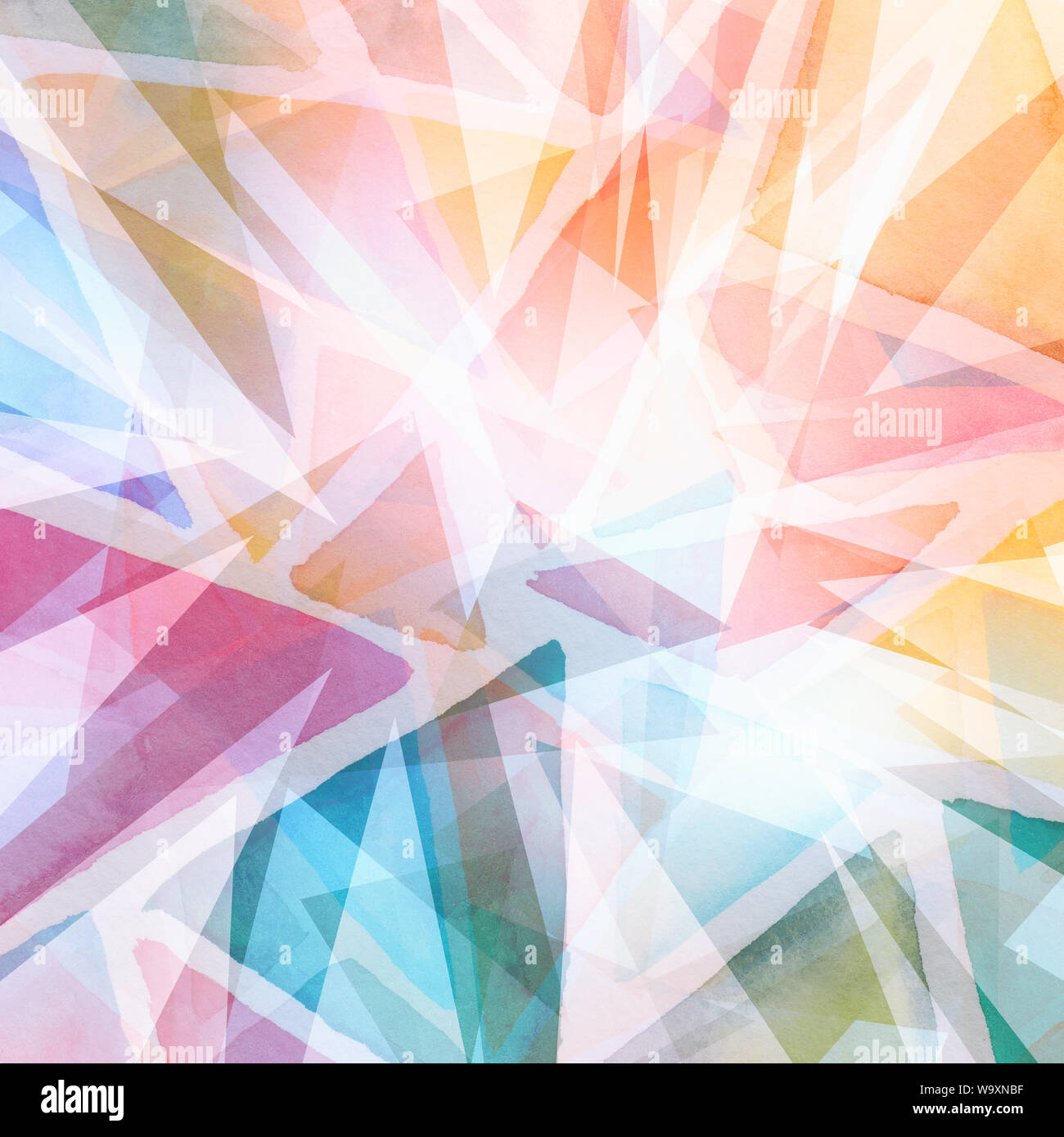 abstract triangle shapes layered in random pattern, orange pink blue green yellow and purple on white background, transparent geometric triangle backg Stock Photo