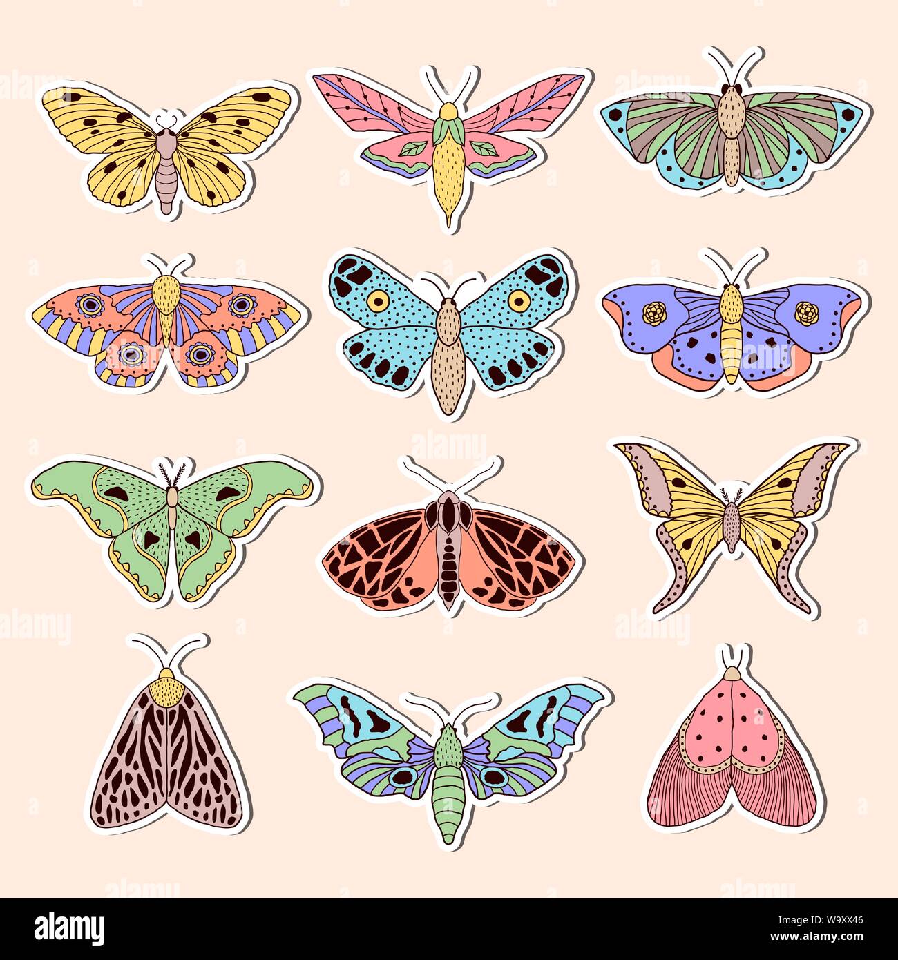 Stickers with hand drawn butterflies and moths in doodle style Stock ...