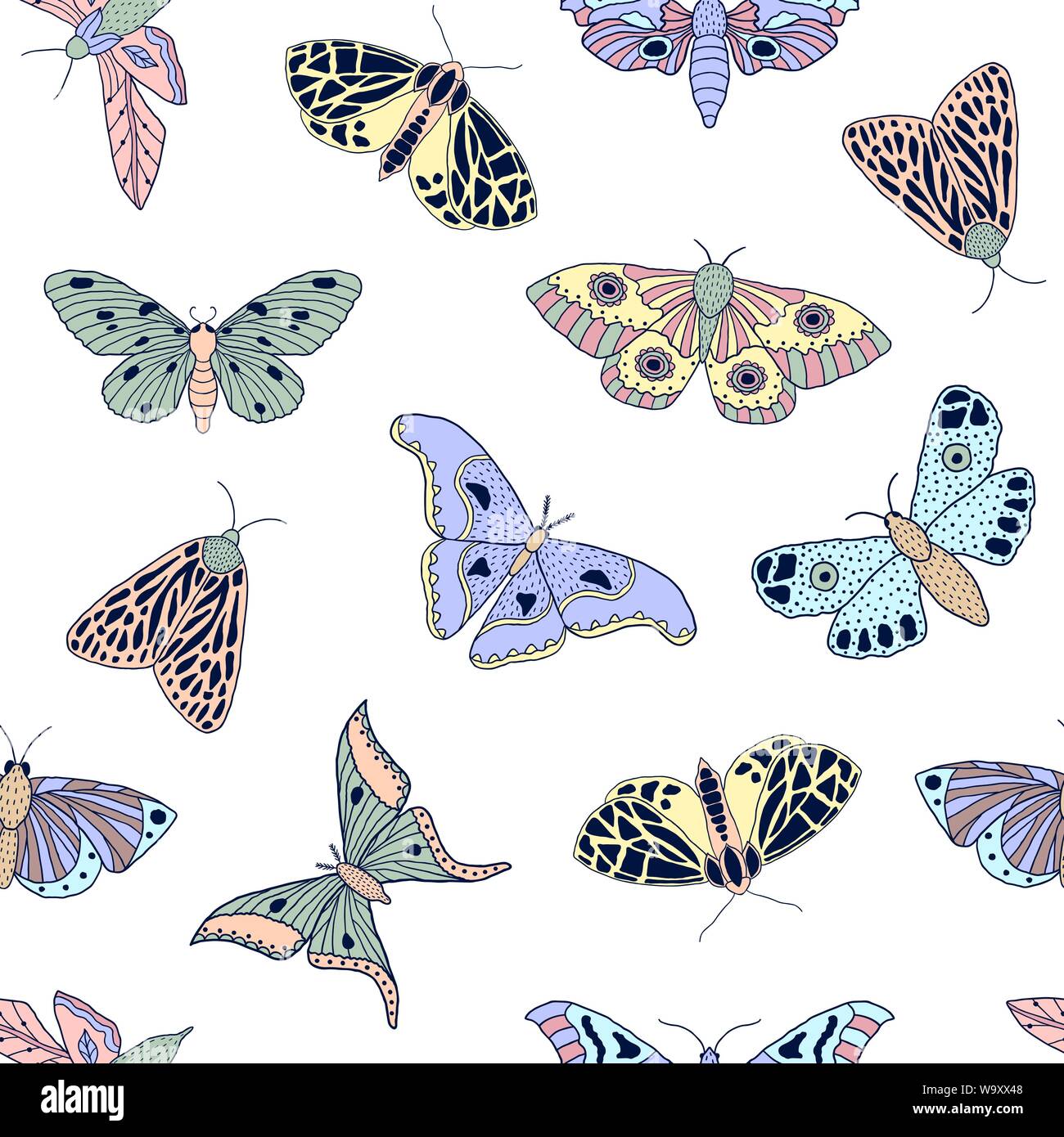 Seamless pattern with hand drawn butterflies and moths on white ...