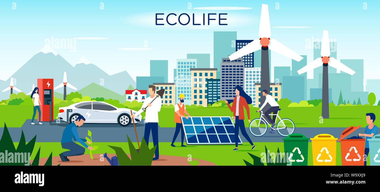 Vector of a group of men and women making a sustainable eco friendly lifestyle choice. People collecting and recycling waste, growing plants, using re Stock Vector