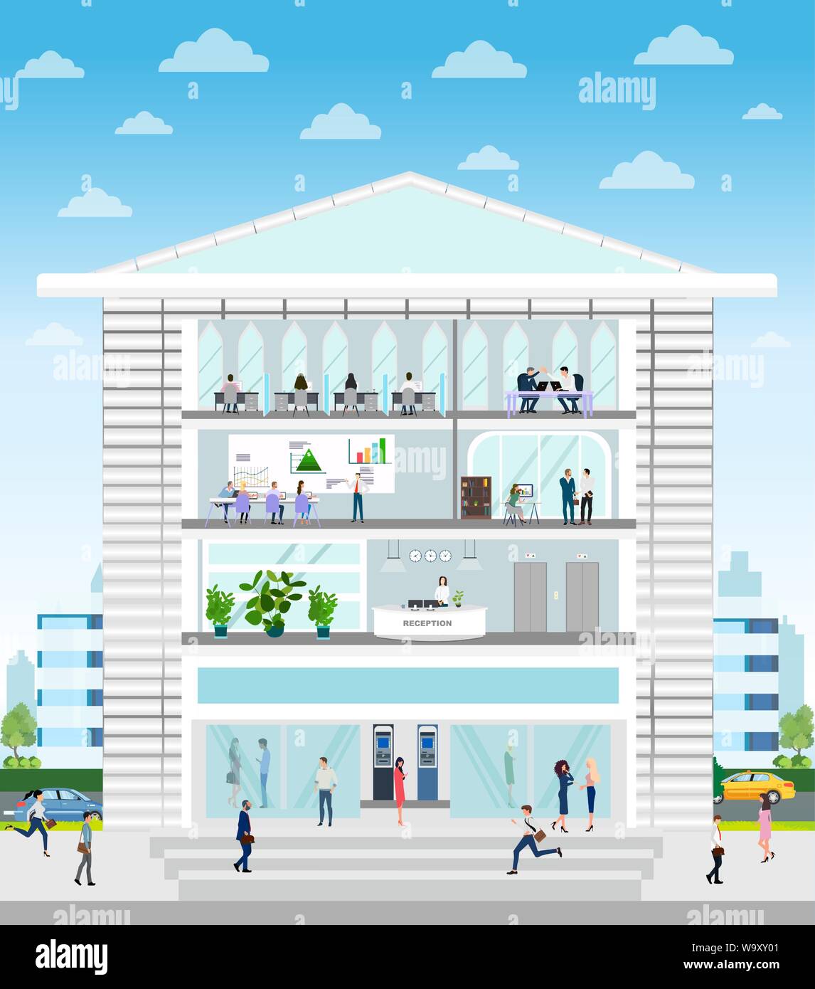 Vector of a company building with reception, office, conference room interiors and employees working inside on a cityscape background Stock Vector