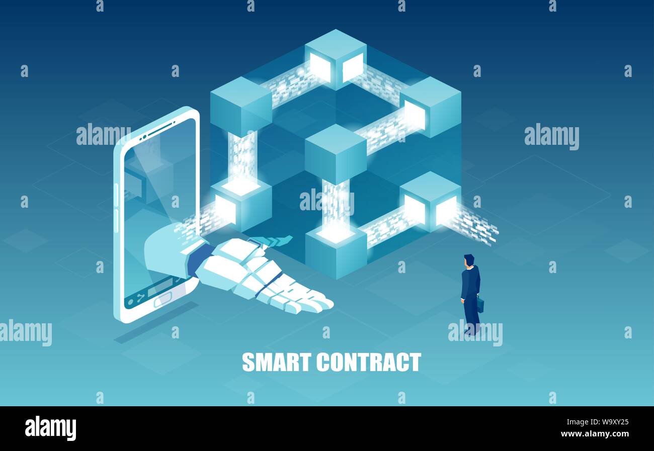 Concept of quantum computers, blockchain and coding. Vector of Information blocks in cyberspace offering a smart contract to a businessman Stock Vector
