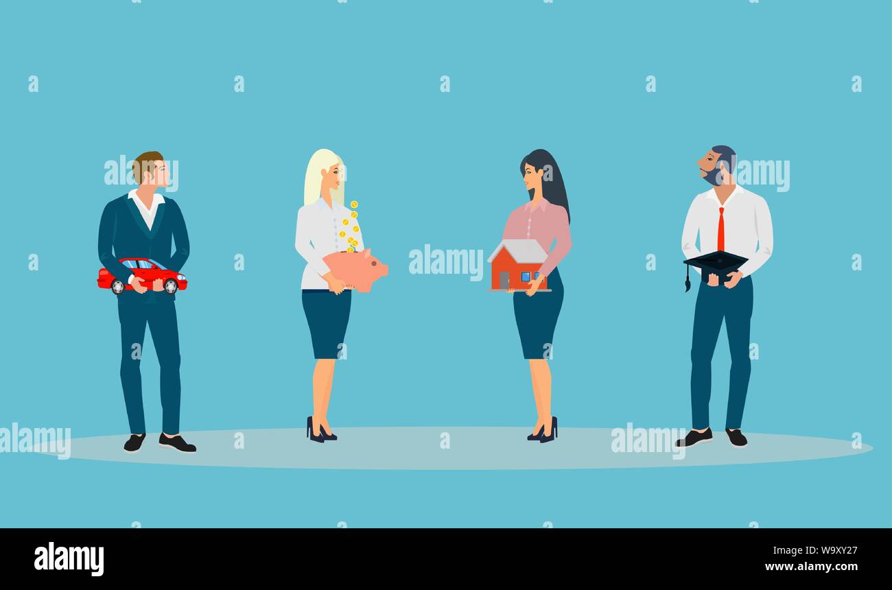 Vector of business people holding cartoon car, house, piggy bank and graduate cap. Saving and investing money concept. Stock Vector