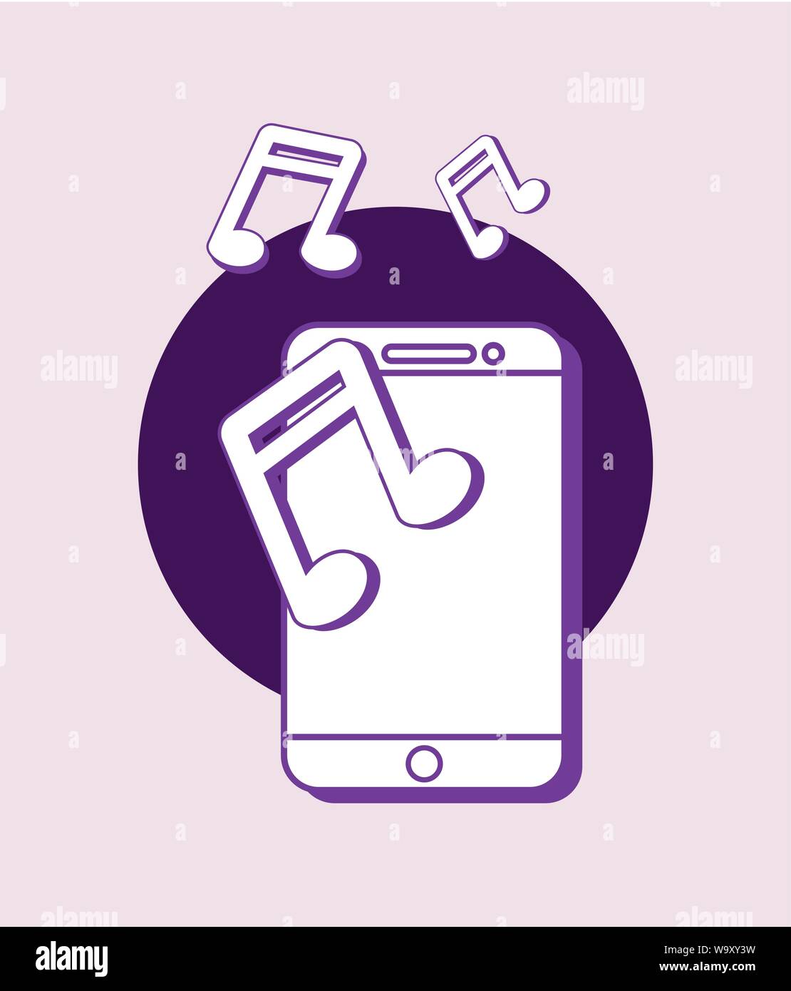 cellphone with musical notes over purple background, colorful line ...