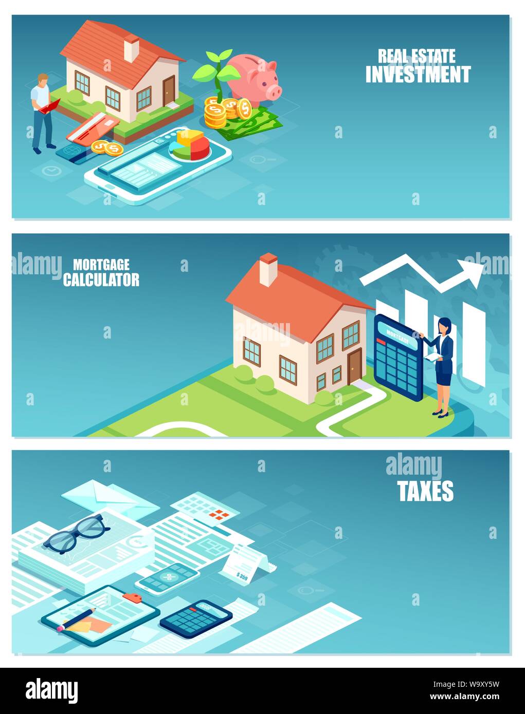 Real estate investment, home buyer costs and taxes calculations banner set concept Stock Vector