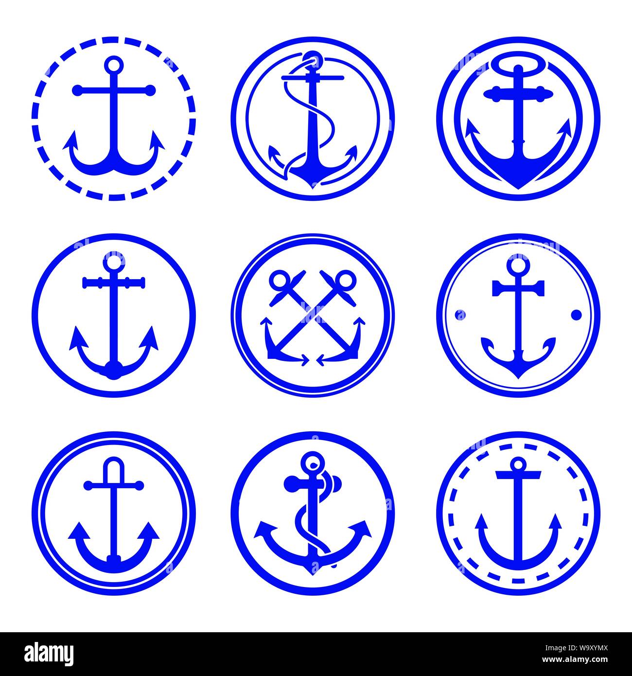 Set of nine anchor signs in circles vector illustration. Sailing and navy symbols. Maritime signs. Nautical equipment. Stock Vector