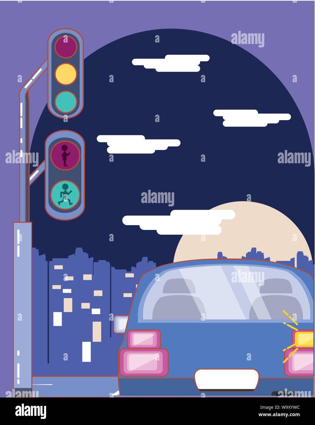 drive safely car with turn signal traffic light city vector