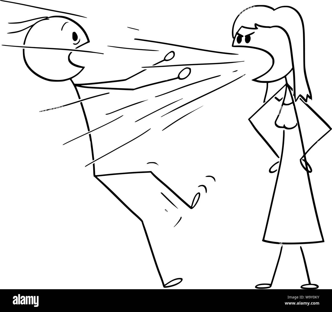 Vector cartoon stick figure drawing conceptual illustration of woman yelling or screaming at man.Concept or couple relationship. Stock Vector