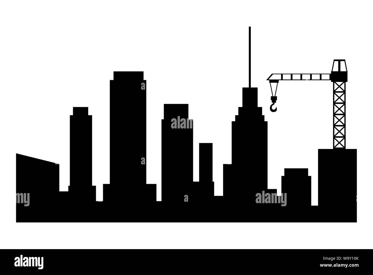 Cityscape building and construction crane in black and white Stock ...