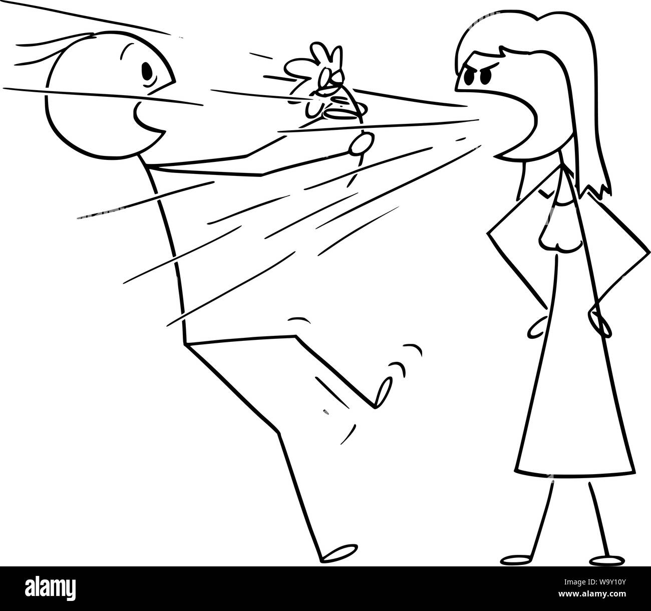 Vector cartoon stick figure drawing conceptual illustration of woman on date yelling or screaming at man holding a flower.Concept or couple relationship and love. Stock Vector