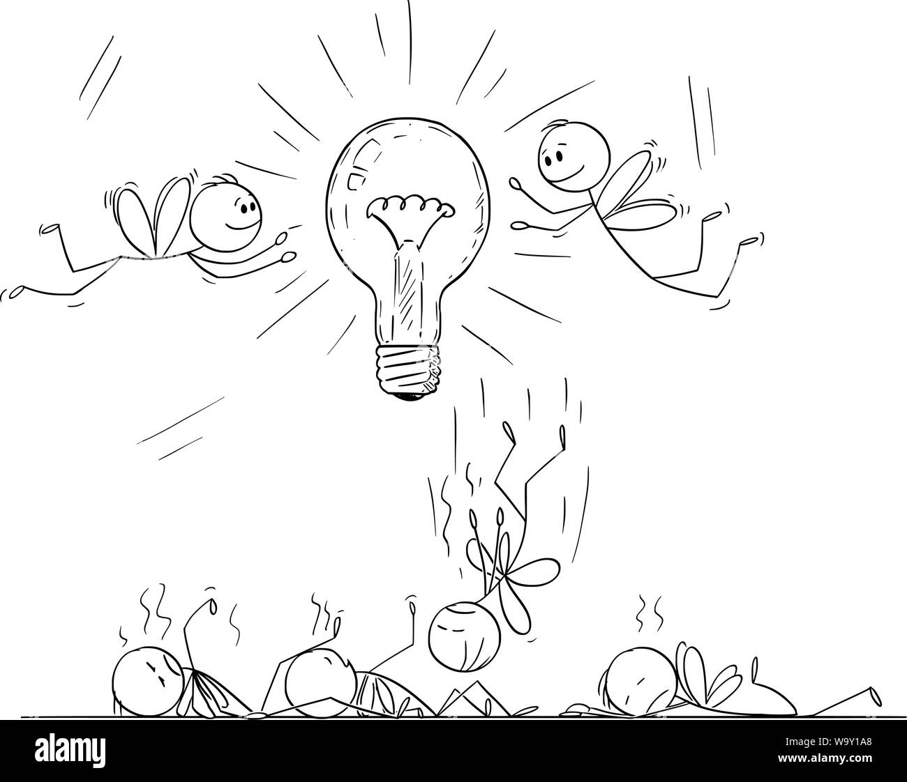 Vector cartoon stick figure drawing conceptual illustration of men or businessmen as flies or moths attracted by light bulb, some flying around and some are dead, killed by glow and heat. Stock Vector