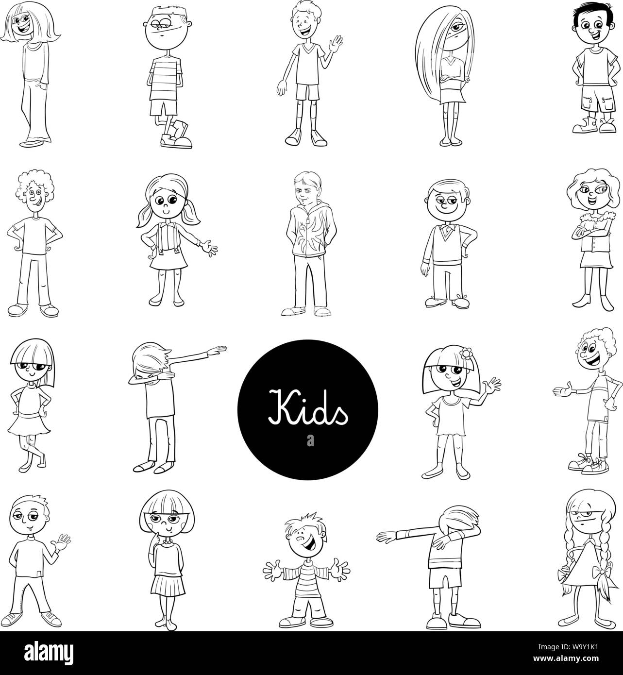 Black and White Cartoon Illustration of Children and Teens Characters