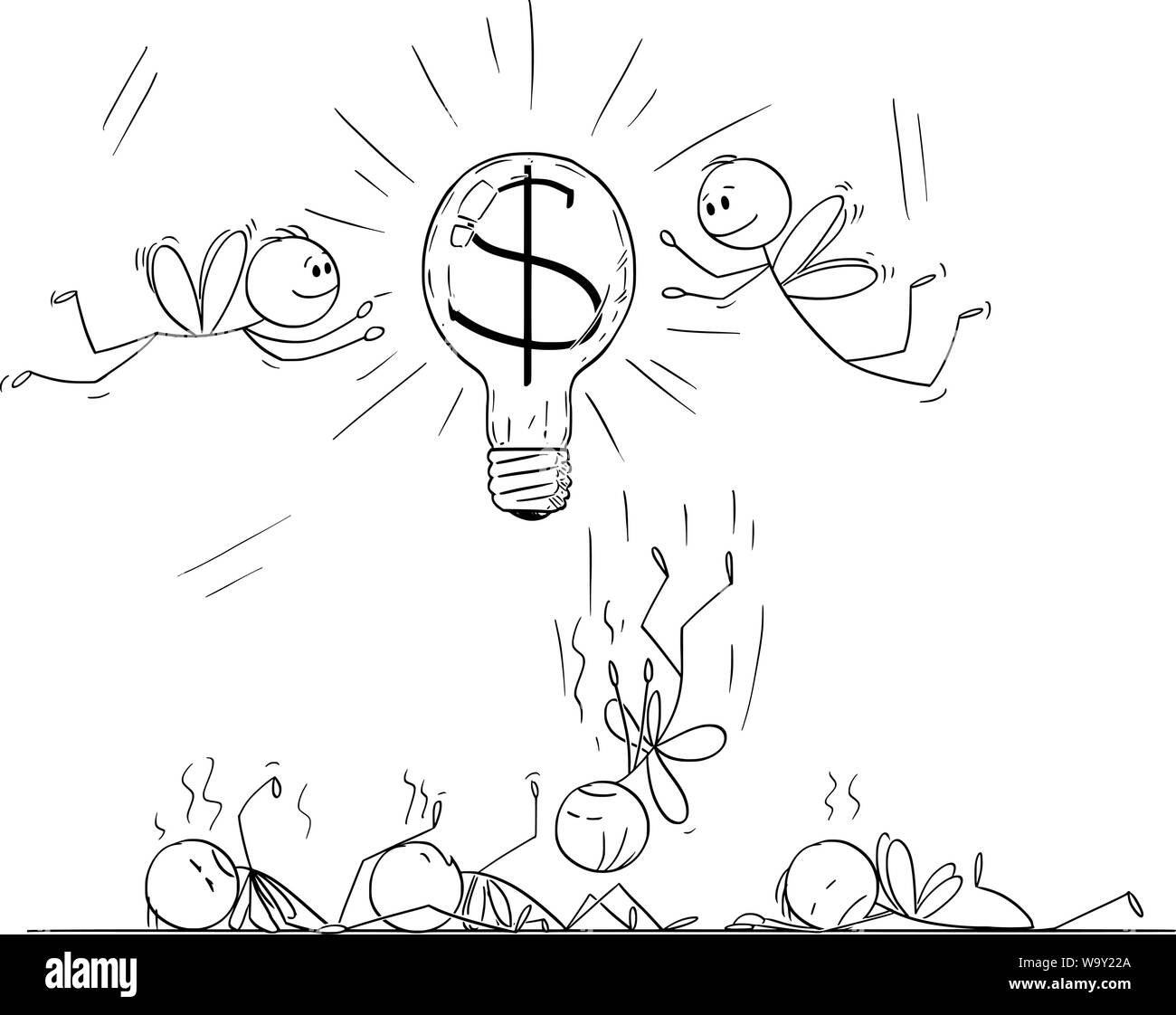 Vector cartoon stick figure drawing conceptual illustration of businessmen as flies or moths attracted by light bulb with dollar or money symbol, some flying around and some are dead, killed by glow and heat. Stock Vector