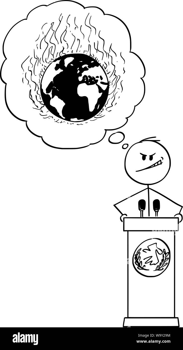 Vector cartoon stick figure drawing conceptual illustration of politician speaking on podium behind lectern, and dreaming about world war and global destruction. Stock Vector