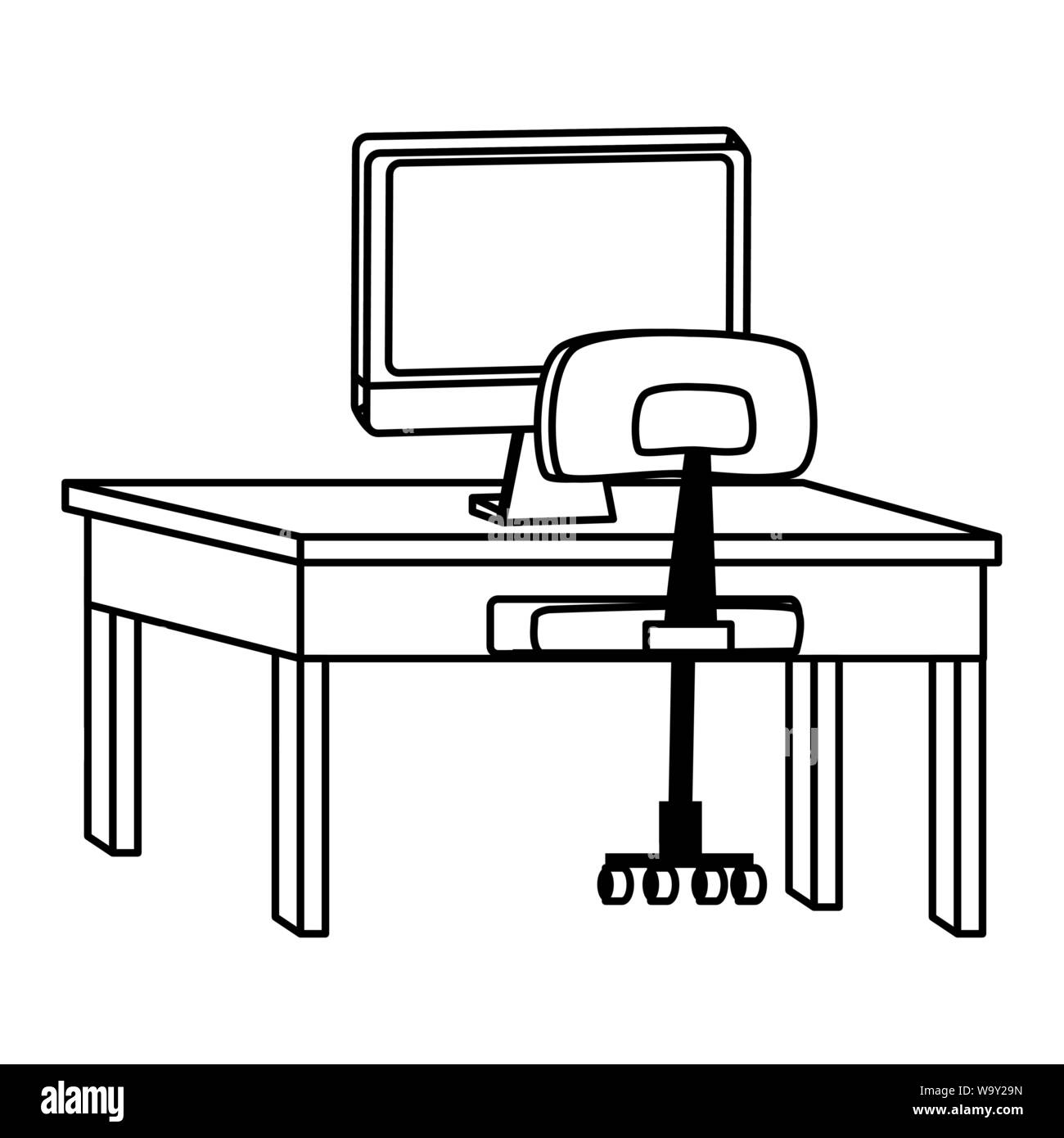 computer on desk with office chair in black and white Stock Vector