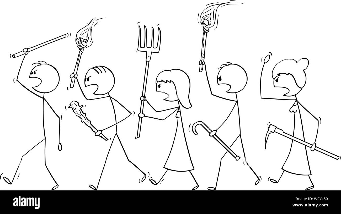 Vector cartoon stick figure drawing conceptual illustration of angry mob characters walking with torch and tools like pitchfork as weapons. Empty speech bubble ready for your text. Stock Vector