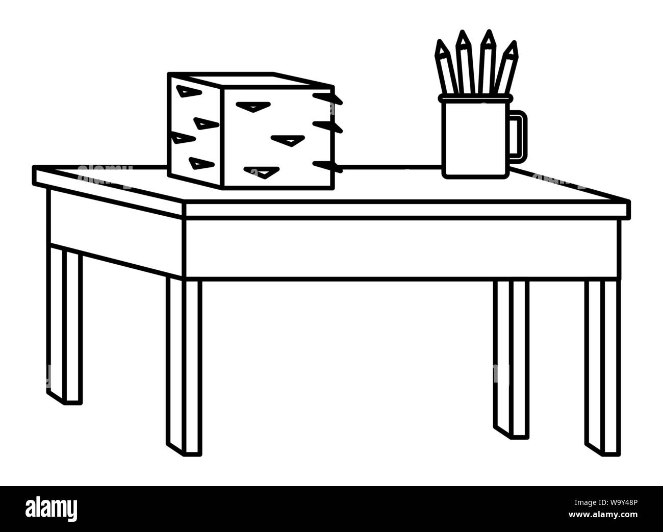 Desk with documents piled and pencils in cup in black and white Stock Vector