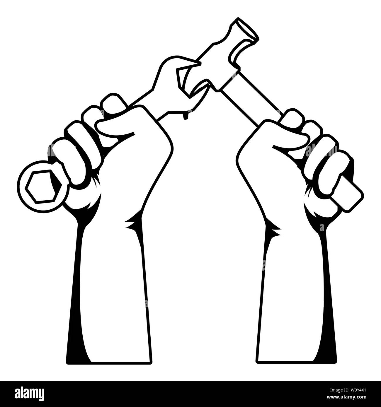 Construction workers hands holding tools in black and white Stock