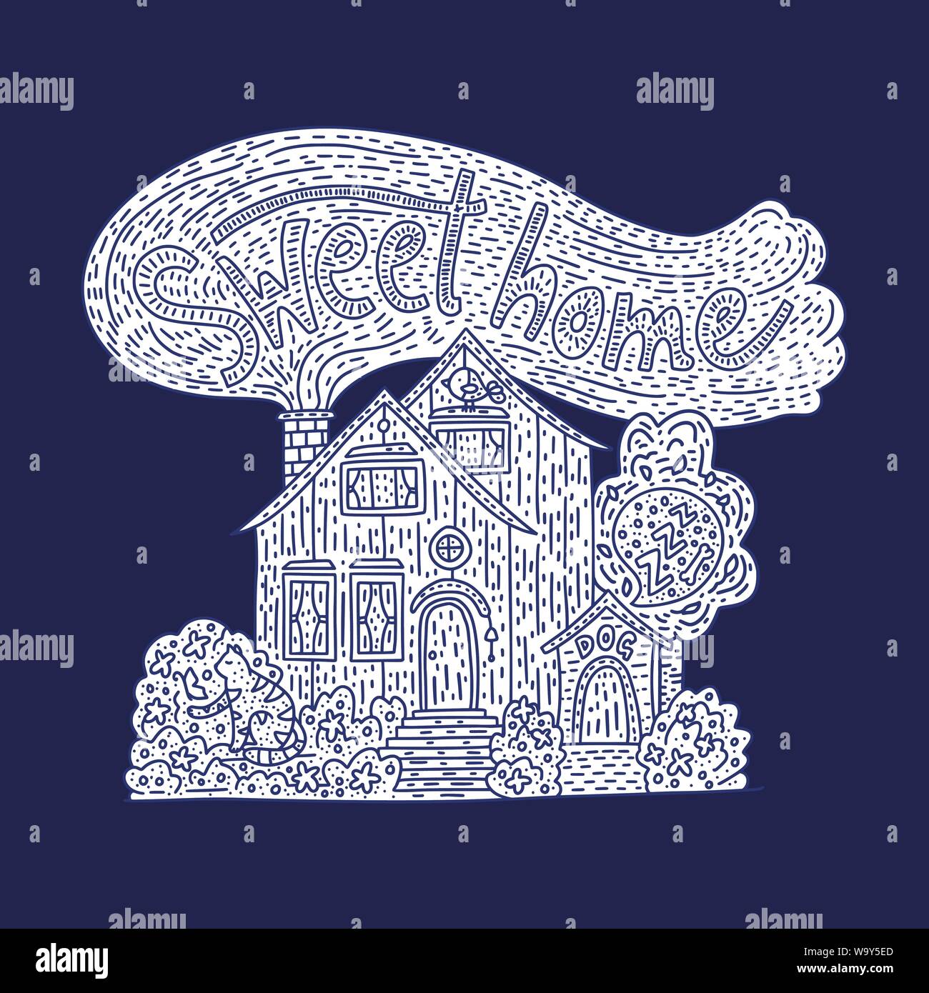 Country doodle detailed cottage with hand drawn lettering - sweet home ...