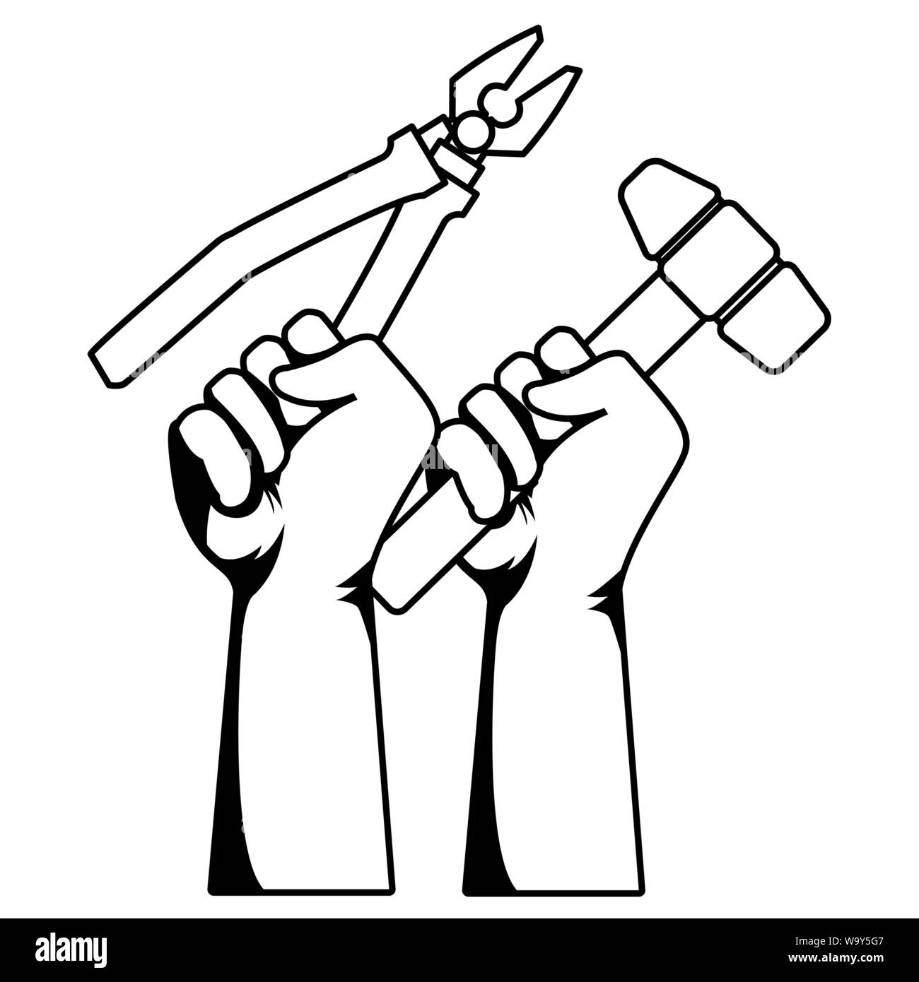 Construction workers hands holding tools in black and white Stock ...