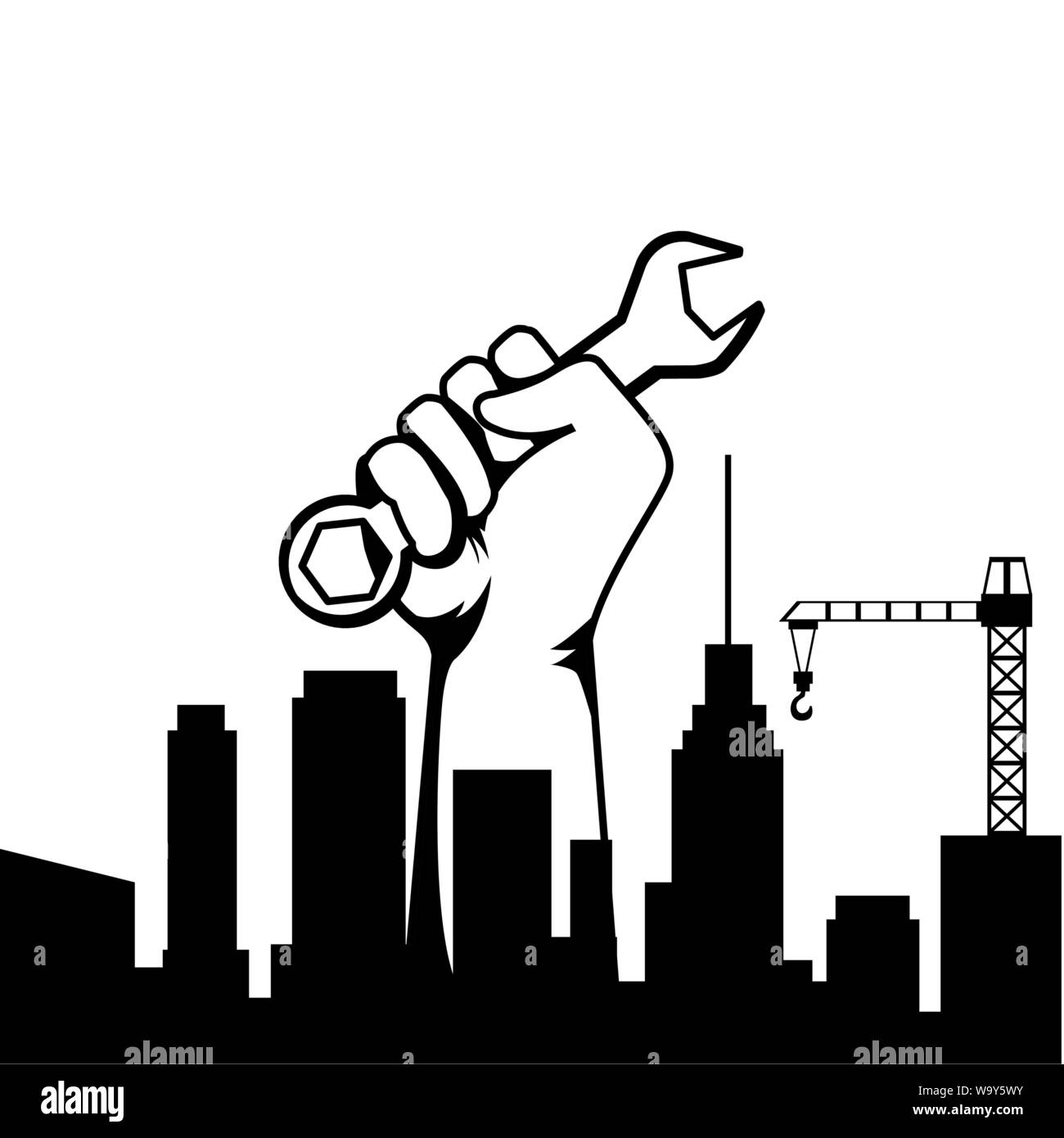 Construction worker hand holding tool in black and white Stock Vector ...